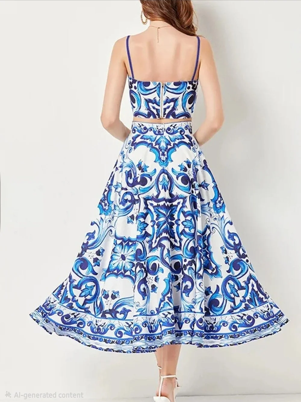 Women's Blue & White Printed A-Line Midi Skirt